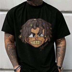 Black Graphic T-Shirt with Cartoon Face